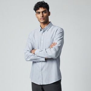 Benetton slim fit blue striped button up shirt cotton/linen blend. Size L I4